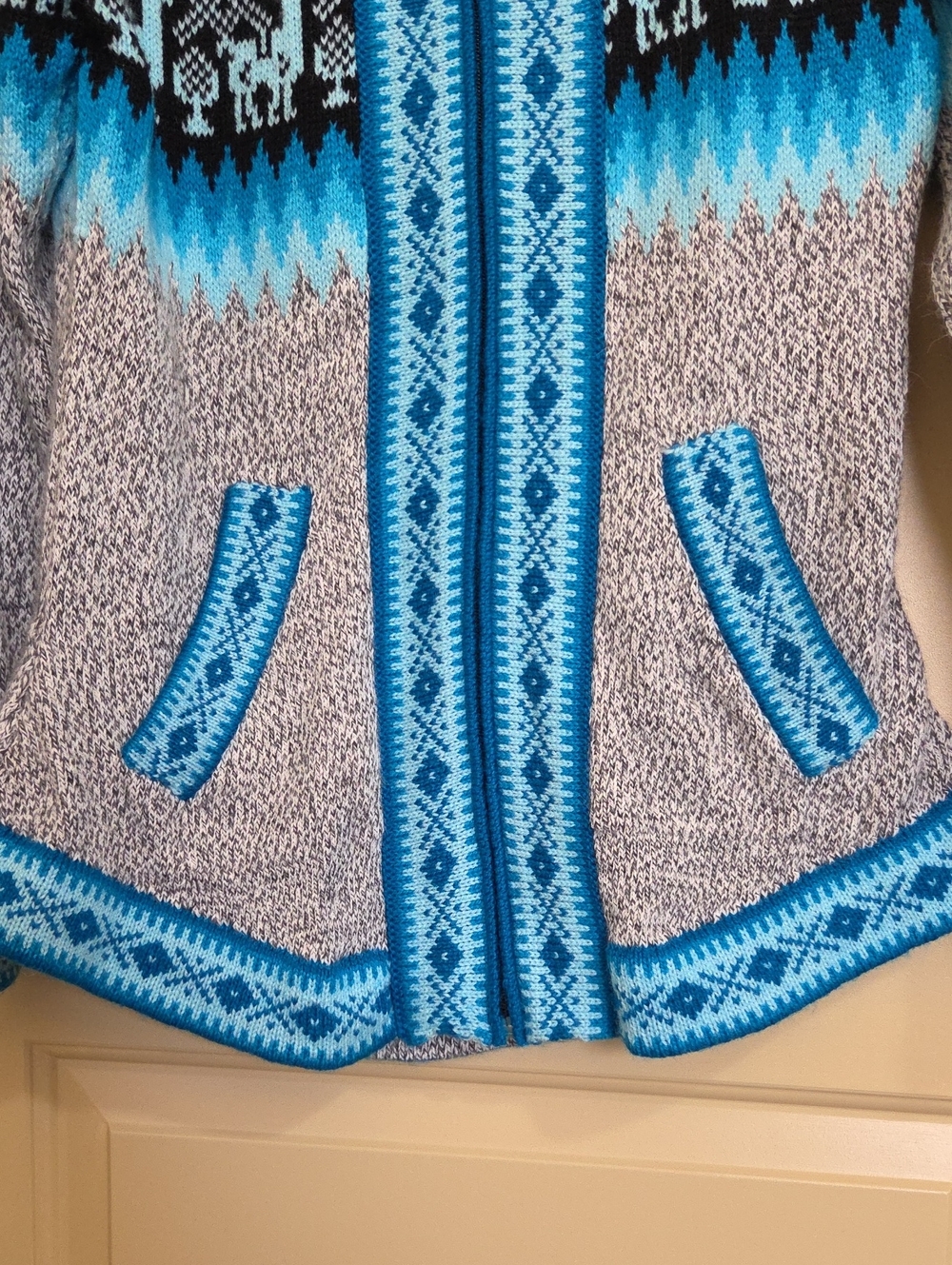 Alpaca Blue Patterned Hooded Women’s Sweater Jacket - Picture 2 of 10
